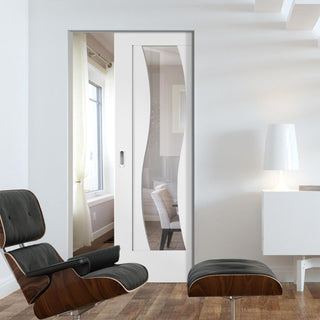 Image: Florence White Absolute Evokit Pocket Door - Clear Glass and Stepped Panel Design, Prefinished