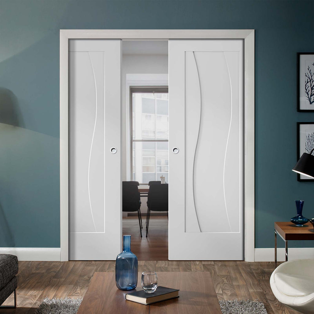 Florence White Flush Double Evokit Pocket Doors - Stepped Panel Design - Prefinished