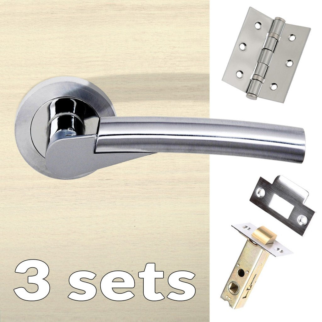 Three Pack Florida Status Lever on Round Rose - Satin Chrome - Polished Chrome Handle