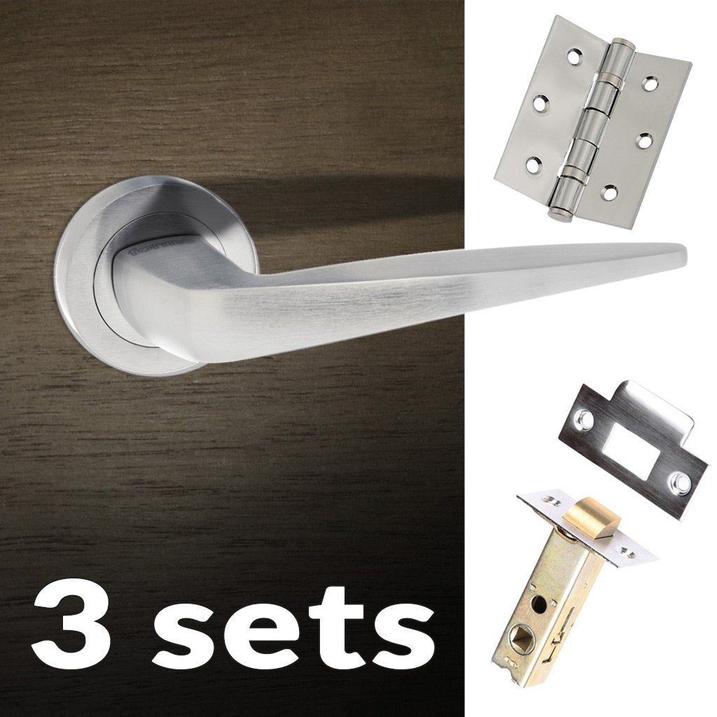 Three Pack Foglia Forme Designer Lever on Minimal Square Rose - Satin Chrome Handle