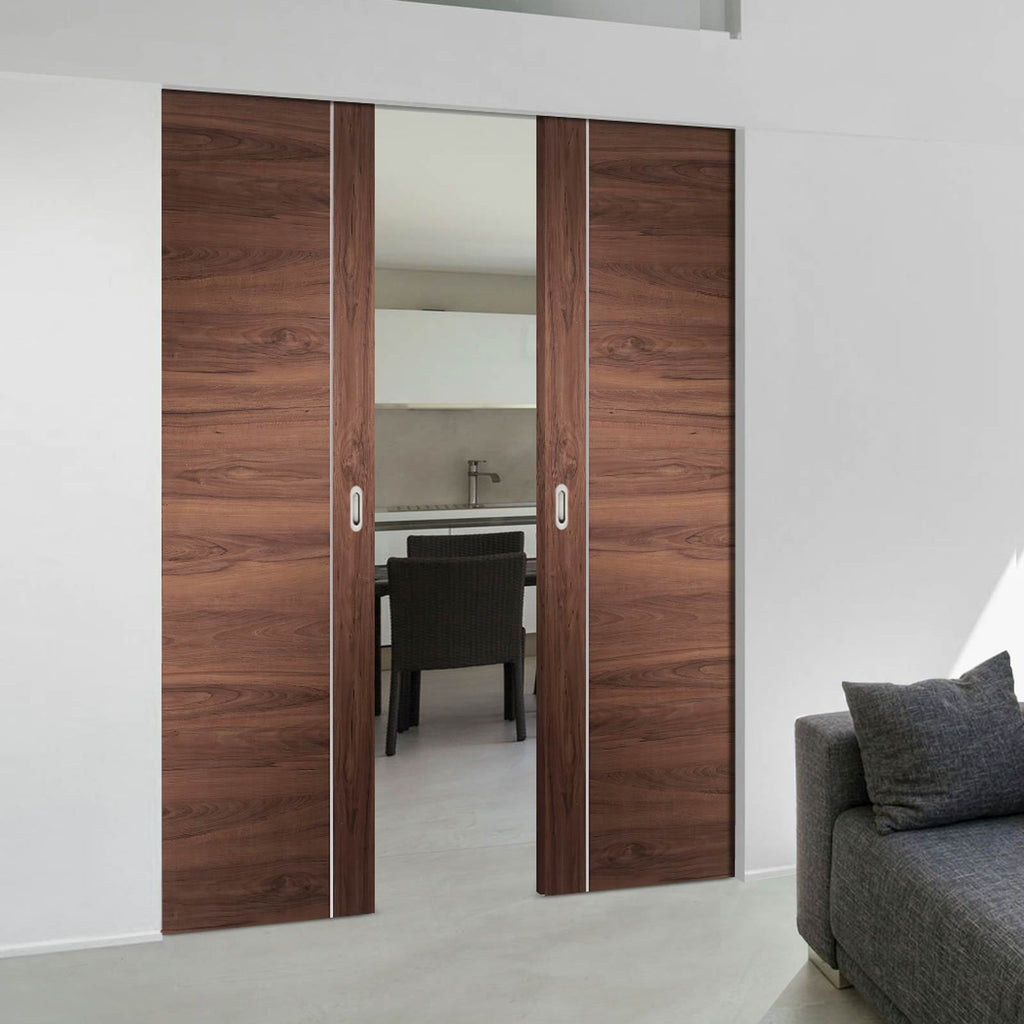 Bespoke Forli Walnut Flush Double Frameless Pocket Door - Aluminium Inlay - Prefinished