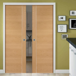Image: Bespoke Forli Oak Flush Double Pocket Door - Aluminium Inlay - Prefinished