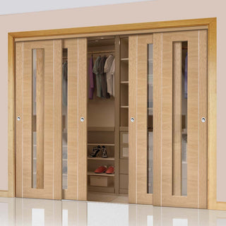 Image: Bespoke Thruslide Forli Oak Glazed 4 Door Wardrobe and Frame Kit - Aluminium Inlay - Prefinished