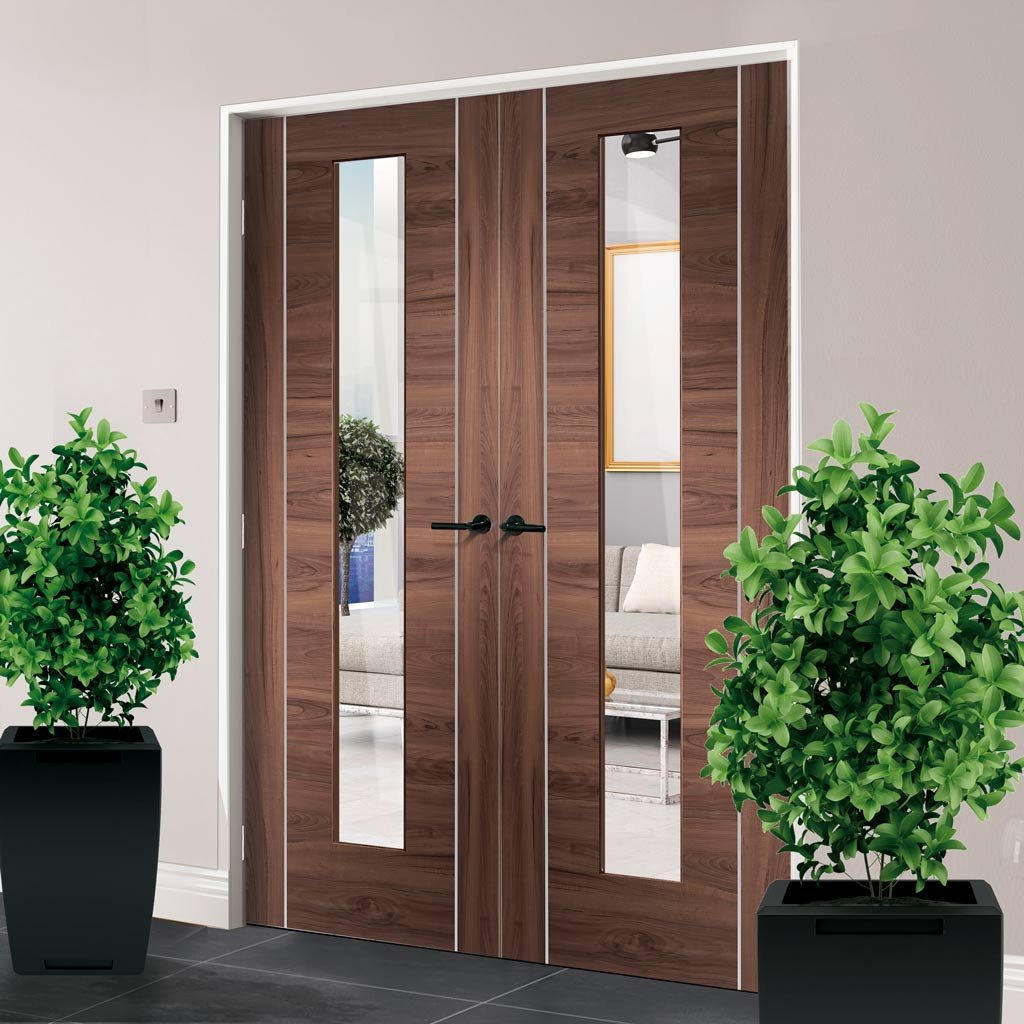 Bespoke Forli Walnut Glazed Door Pair - Aluminium Inlay - Prefinished