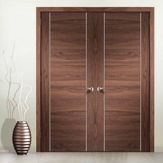 Image: Bespoke Forli Walnut Flush Door Pair - Aluminium Inlay - Prefinished