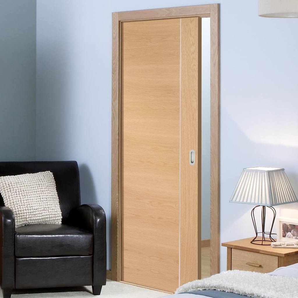 Forli Oak Flush Single Evokit Pocket Door - Aluminium Inlay - Prefinished