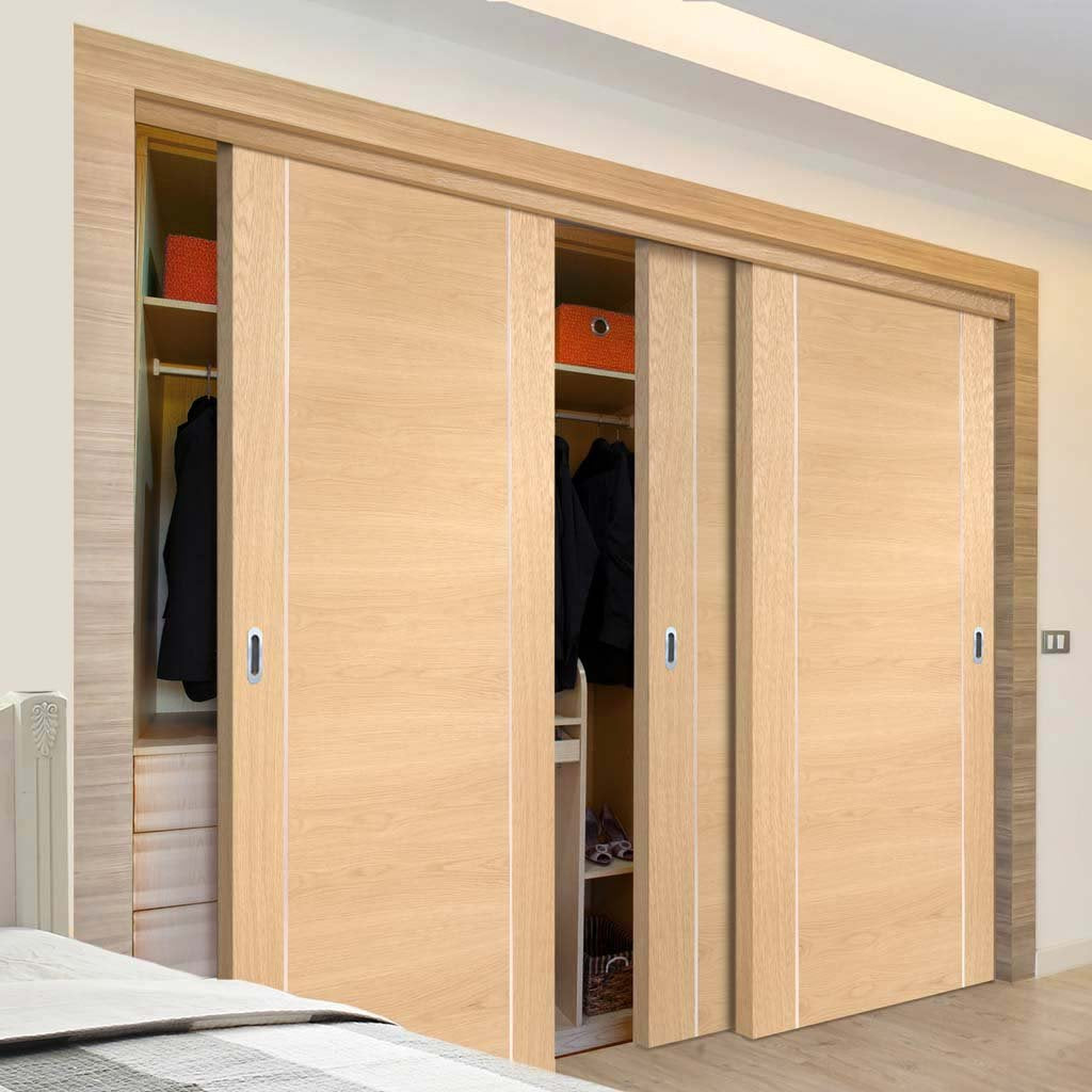 Three Sliding Wardrobe Doors & Frame Kit - Forli Oak Flush Door - Aluminium Inlay - Prefinished