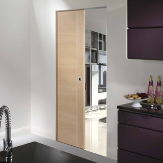 Image: Bespoke Forli Oak Flush Single Frameless Pocket Door - Aluminium Inlay - Prefinished