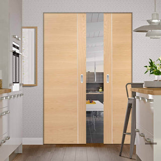 Image: Bespoke Forli Oak Flush Double Frameless Pocket Door - Aluminium Inlay - Prefinished