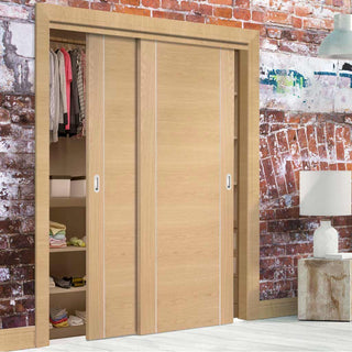 Image: Bespoke Thruslide Forli Oak Flush 2 Door Wardrobe and Frame Kit - Aluminium Inlay - Prefinished