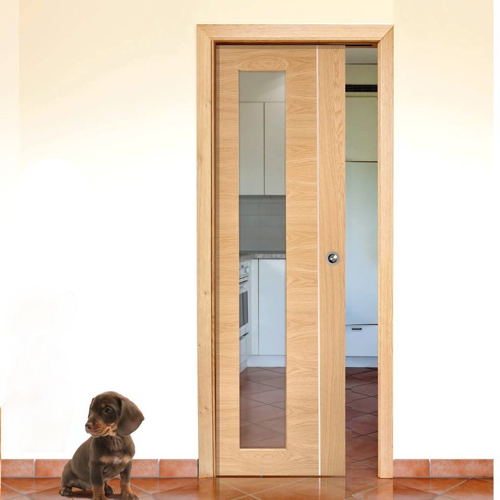 Bespoke Forli Oak Glazed Single Pocket Door - Aluminium Inlay - Prefinished