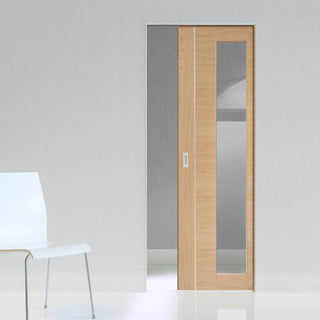 Image: Bespoke Forli Oak Glazed Single Frameless Pocket Door - Aluminium Inlay - Prefinished