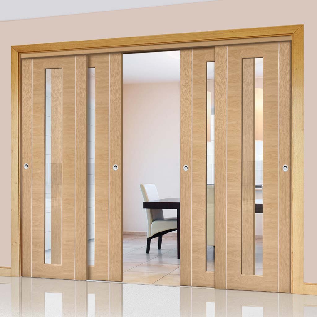 Bespoke Thruslide Forli Oak Glazed - 4 Sliding Doors and Frame Kit - Aluminium Inlay - Prefinished