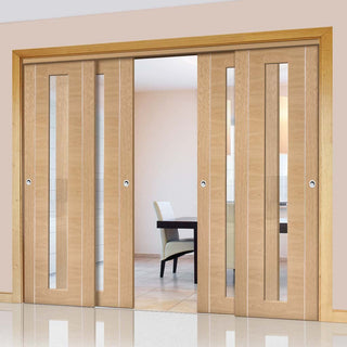 Image: Bespoke Thruslide Forli Oak Glazed - 4 Sliding Doors and Frame Kit - Aluminium Inlay - Prefinished