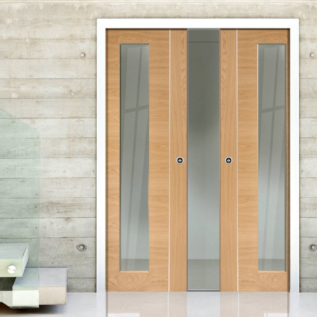 Forli Oak Flush Double Evokit Pocket Doors - Inlay & Clear Glass - Prefinished