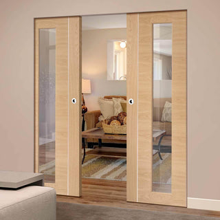 Image: Bespoke Forli Oak Glazed Double Frameless Pocket Door - Aluminium Inlay - Prefinished