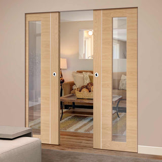 Image: Forli Oak Flush Absolute Evokit Double Pocket Door - Inlay & Clear Glass - Prefinished