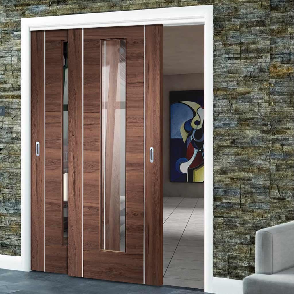 Bespoke Thruslide Forli Walnut Glazed - 2 Sliding Doors and Frame Kit - Aluminium Inlay - Prefinished