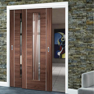 Image: Bespoke Thruslide Forli Walnut Glazed - 2 Sliding Doors and Frame Kit - Aluminium Inlay - Prefinished