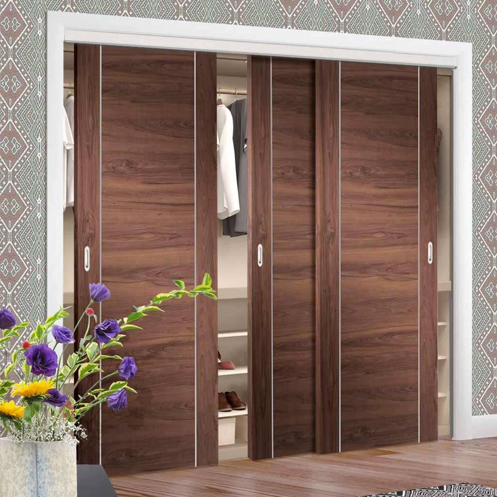 Three Sliding Wardrobe Doors & Frame Kit - Forli Walnut Flush Door - Aluminium Inlay - Prefinished