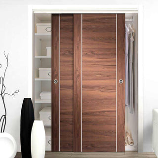 Image: Bespoke Thruslide Forli Walnut Flush 2 Door Wardrobe and Frame Kit - Aluminium Inlay - Prefinished