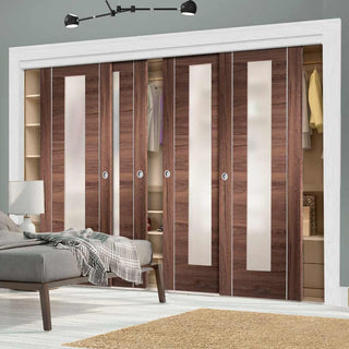 Image: Bespoke Thruslide Forli Walnut Glazed 4 Door Wardrobe and Frame Kit - Aluminium Inlay - Prefinished