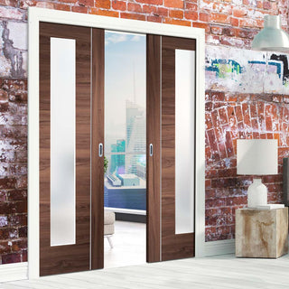 Image: Bespoke Forli Walnut Glazed Double Pocket Door - Aluminium Inlay - Prefinished