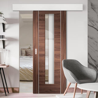 Image: Single Sliding Door & Wall Track - Forli Walnut Flush Door - Clear Glass - Aluminium Inlay - Prefinished