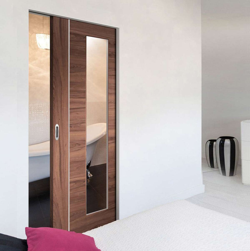 Forli Walnut Flush Absolute Evokit Pocket Door - Clear Glass - Aluminium Inlay - Prefinished