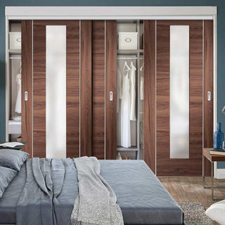 Image: Bespoke Thruslide Forli Walnut Glazed 3 Door Wardrobe and Frame Kit - Aluminium Inlay - Prefinished