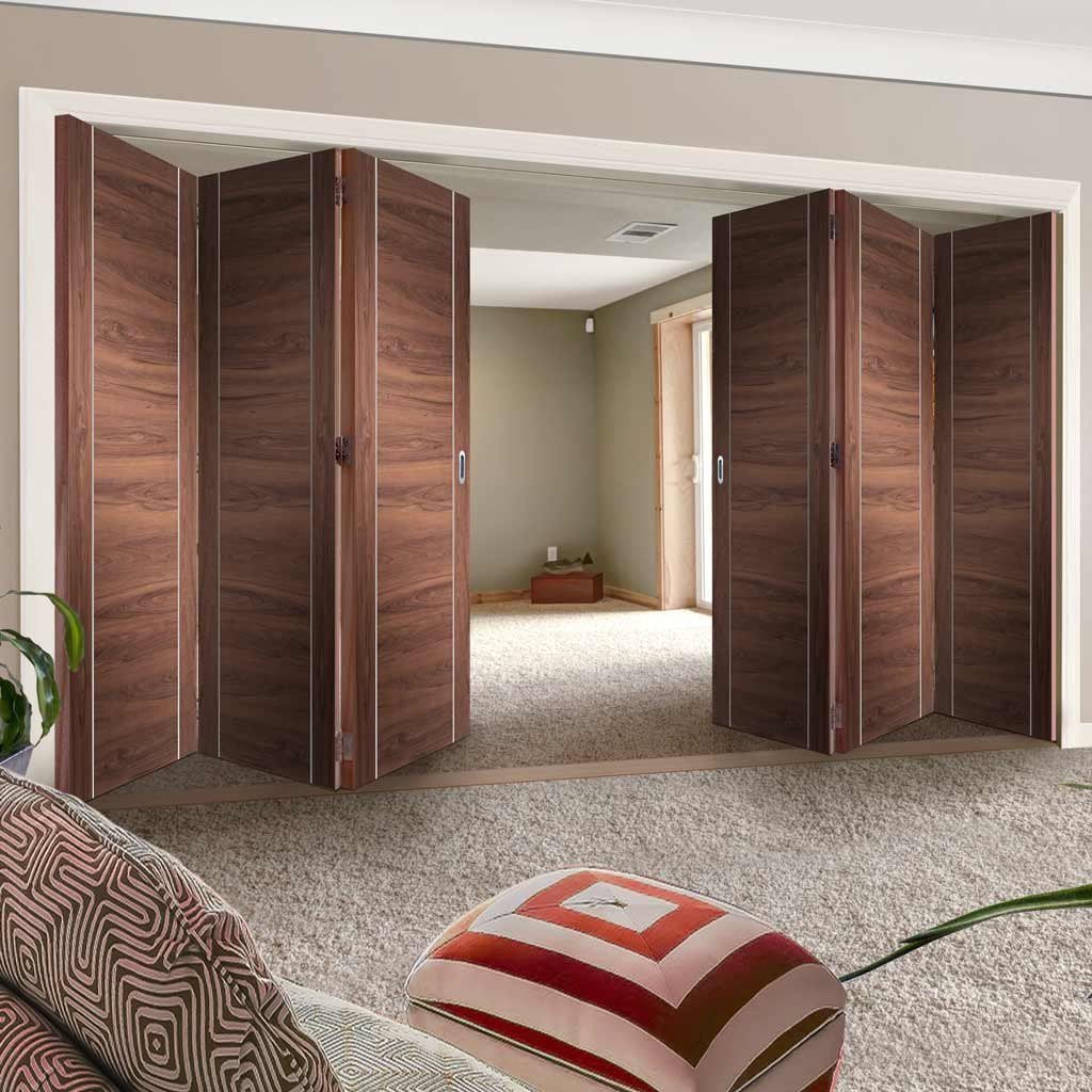 Six Folding Doors & Frame Kit - Forli Walnut Flush 3+3 - Aluminium Inlay - Prefinished