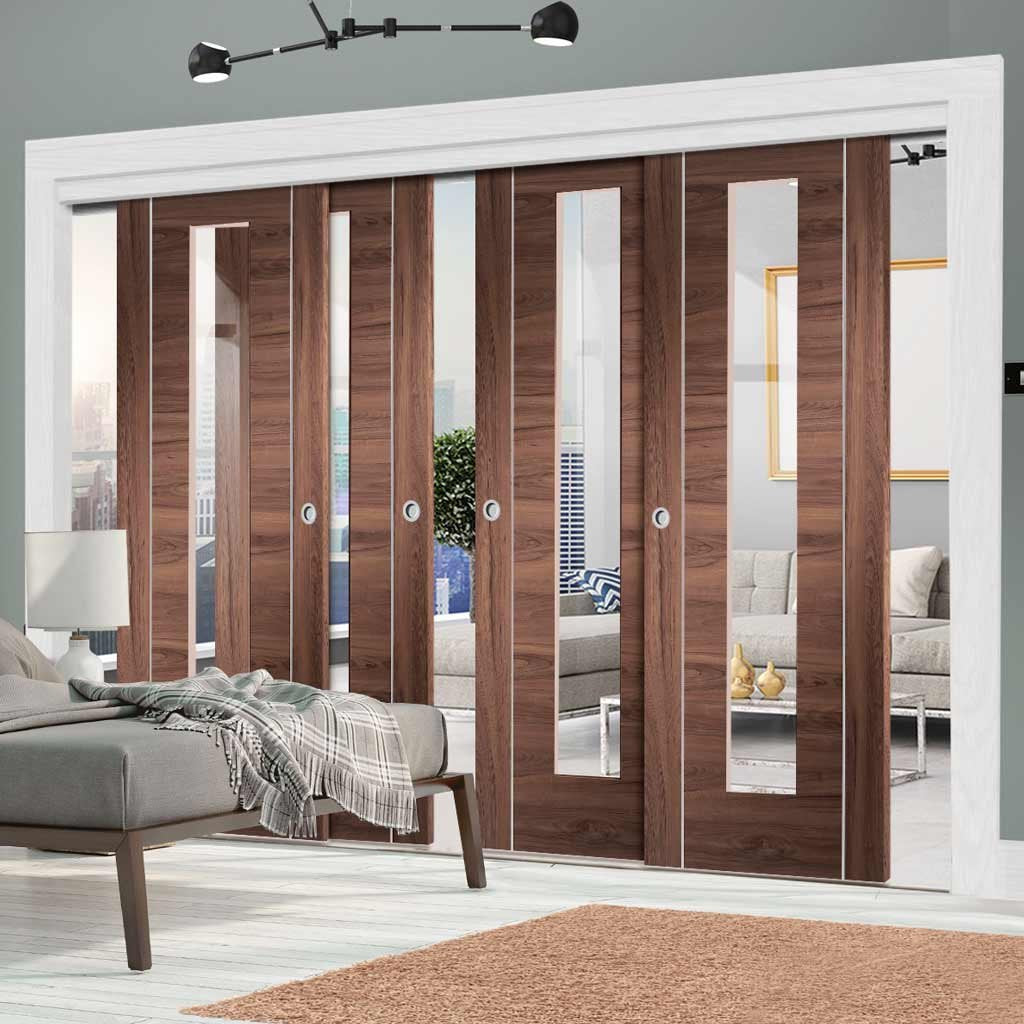 Bespoke Thruslide Forli Walnut Glazed - 4 Sliding Doors and Frame Kit - Aluminium Inlay - Prefinished