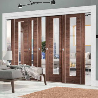 Image: Bespoke Thruslide Forli Walnut Glazed - 4 Sliding Doors and Frame Kit - Aluminium Inlay - Prefinished