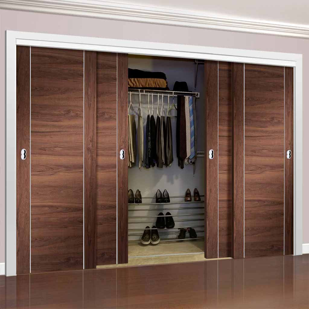 Bespoke Thruslide Forli Walnut Flush 4 Door Wardrobe and Frame Kit - Aluminium Inlay - Prefinished