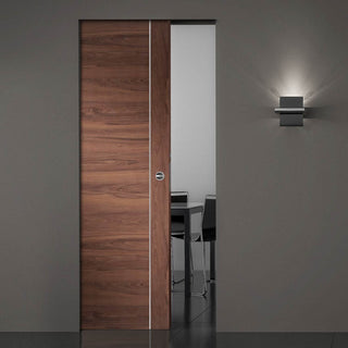 Image: Bespoke Forli Walnut Flush Single Frameless Pocket Door - Aluminium Inlay - Prefinished