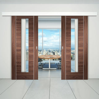 Image: Double Sliding Door & Wall Track - Forli Walnut Flush Door - Clear Glass - Aluminium Inlay - Prefinished