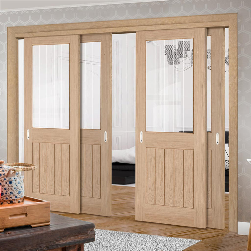Pass-Easi Four Sliding Doors and Frame Kit - Belize Oak Door - Silkscreen Etched Clear Glass - Unfinished