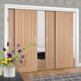 Image: Pass-Easi Four Sliding Doors and Frame Kit - Belize Oak Door - Prefinished