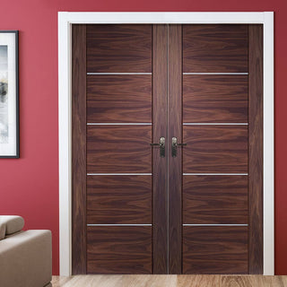 Image: Portici Walnut Flush Door Pair - Aluminium Inlay - Prefinished