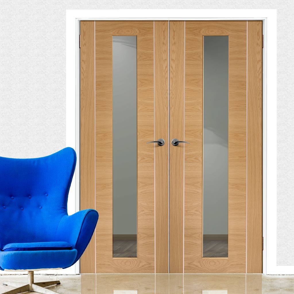 Simpli Double Door Set - Forli Oak Flush Door - Inlay & Clear Glass - Prefinished