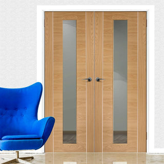 Image: Simpli Double Door Set - Forli Oak Flush Door - Inlay & Clear Glass - Prefinished