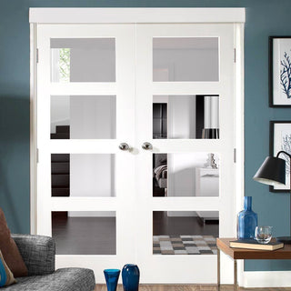 Image: Simpli Double Door Set - Shaker 4 Pane Door - Clear Glass - White Primed