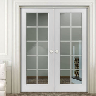 Image: J B Kind Decca White Primed Door Pair - Etched Lines on Clear Glass