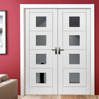 Image: J B Kind Quattro Smooth Moulded Panel Door Pair - Clear Glass - White Primed