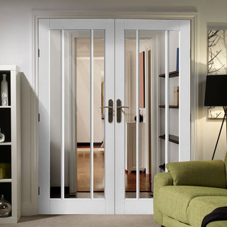 Image: Simpli Double Door Set - Worcester 3 Pane Door - Clear Glass - White Primed