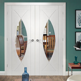 Image: Pesaro Flush Door - White Primed Pair - Clear Glass