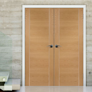 Image: Forli Oak Flush Door Pair - Aluminium Inlay - Prefinished