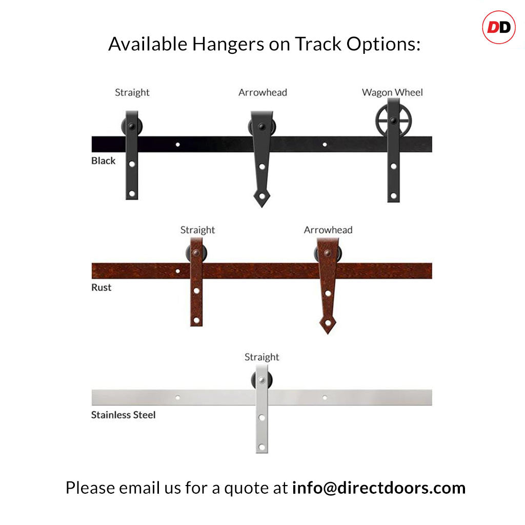 7 finishes of sliding door barn style tracks in 3 rows, 3 x black 2x rust 1x steel finish