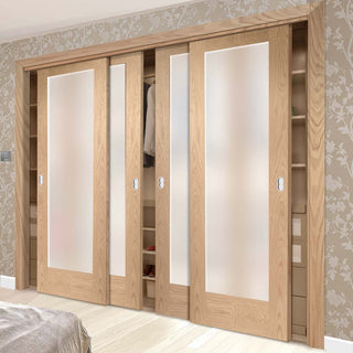 Image: Four Sliding Wardrobe Doors & Frame Kit - Pattern 10 Oak Shaker Door - Obscure Glass - Prefinished