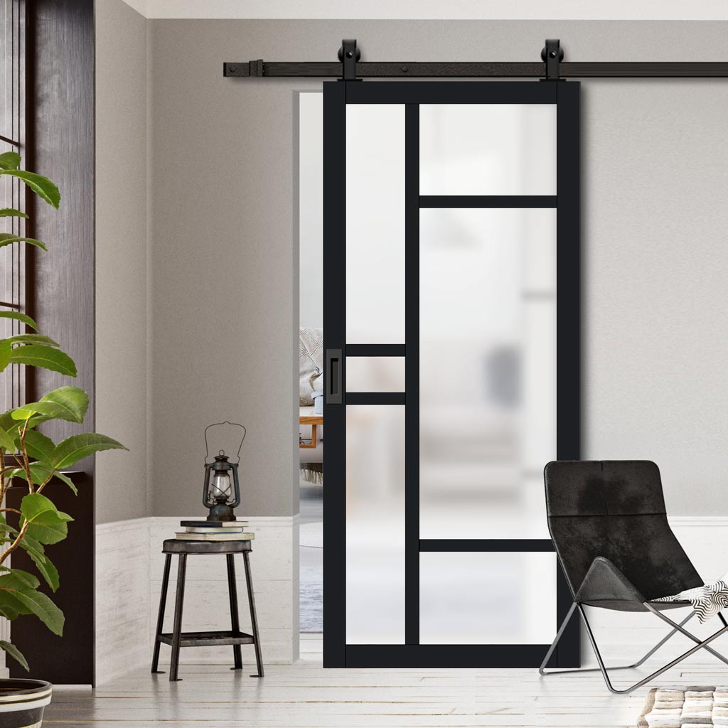 Top Mounted Black Sliding Track & Solid Wood Door - Eco-Urban® Isla 6 Pane Solid Wood Door DD6429SG Frosted Glass - Shadow Black Premium Primed